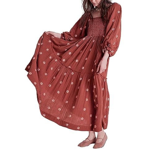 Image of Chloefairy Women's Flower Embroidered Maxi Dress Lantern Sleeve Square Neck Tiered Flowy Spring Fall Dress, Brown, L