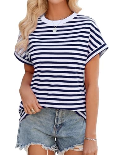 Image of Xnova Women's Striped Oversized T-Shirts Summer Short Sleeve Breton Tops Color Block Crew Neck Ladies Casual Basic Tee Shirts, Blue and White, L