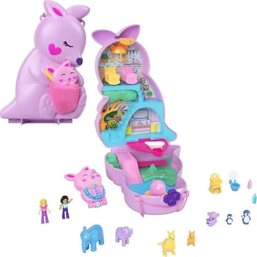 Image of Polly Pocket Mini Toys, Mama and Joey Kangaroo Purse 2-in-1 Compact Playset with 2 Micro Dolls and Accessories, Travel Toys, HKV50