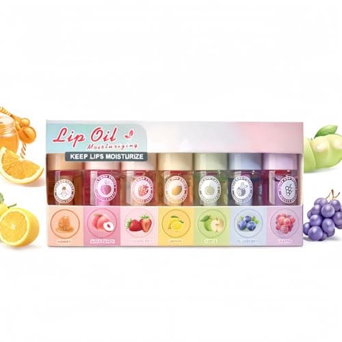 Image of 7PCS Hydrating Lip Oil Set,Mini Lip Oil Set,Lip Oils Set Magic Colour Changing Long Lasting Lipgloss,Glossy Lips Make Up,Lip Plumper for Women,Multi-Purpose Lip Care,Gift for Girls,Fruity Flavored