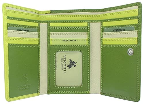 Image of VISCONTI Rainbow Collection Bora Tri-Fold Leather Purse RFID Blocking RB43 Lime Multi
