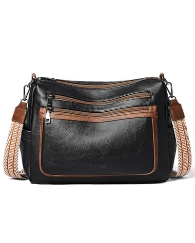 Image of Bluome CrossBody Bag Purses for Women, Vegan Leather ladies Handbags Multi Pocket Soft Shoulder Hobo Bag with Guitar Strap,Black with Brown