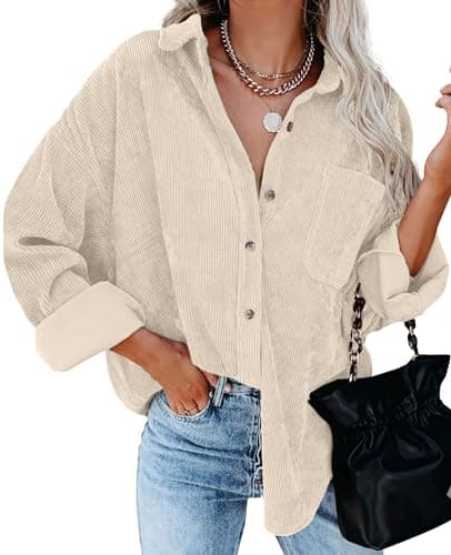 Image of QIXING Womens Corduroy Oversized Shacket Button Down Boyfriend Shirts V Neck Cotton Long Sleeve Blouses with Pocket Casual Work Jacket for Women UK Ladies Tops Autumn Winter (Beige, L)