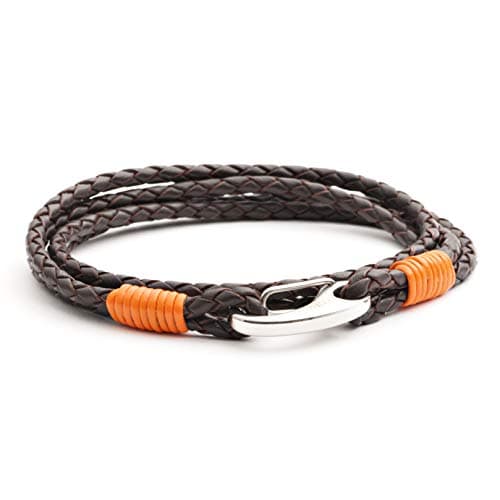 Image of Men's Brown Leather Bracelet + Bright Orange Binding Double Wrap, Stainless Steel Shrimp Clasp, 21cm. Great Gift by Tribal Steel