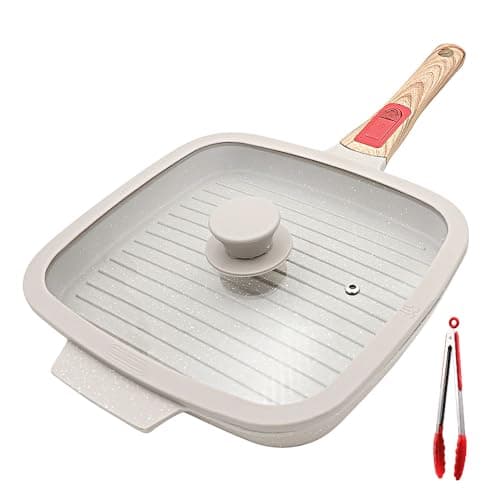 Image of RANX INGST Griddle Pan with Lid, 26 x 24 cm Cast Aluminium Non Stick Steak Pan with Detachable Handle for Induction Hob, White