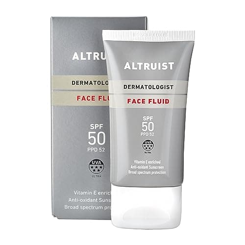 Image of Altruist Dermatologist Sunscreen Fluid SPF – Superior 5star UVA face protection by Dr Andrew Birnie premium antioxidant, White, Unscented, 50 millilitre