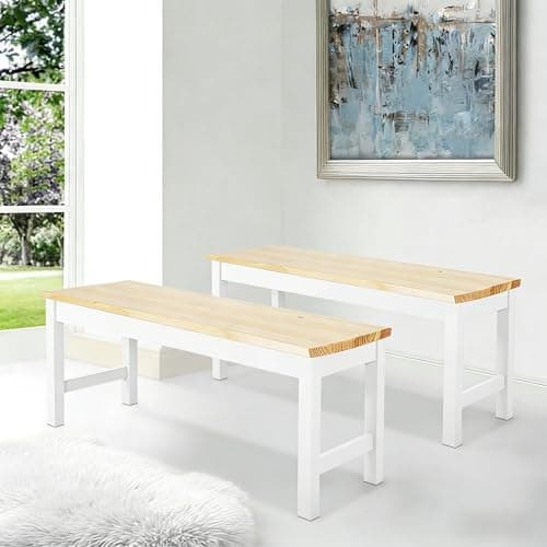 Image of Warmiehomy Set of 2 Dining Bench,Elegant Modern Bench Solid Pinewood & Sturdy Metal Frame, Durable 2-Seater for Living Room, Bedroom, Kitchen, Patio,90CMx35CMx44.5CM, Natural Pine & White
