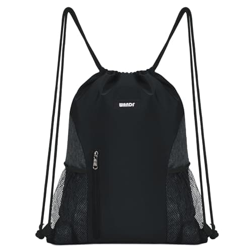 Image of WANDF Drawstring Backpack Sports Gym Sackpack with Mesh Pockets Water Resistant String Bag for Women Men Children (Black)