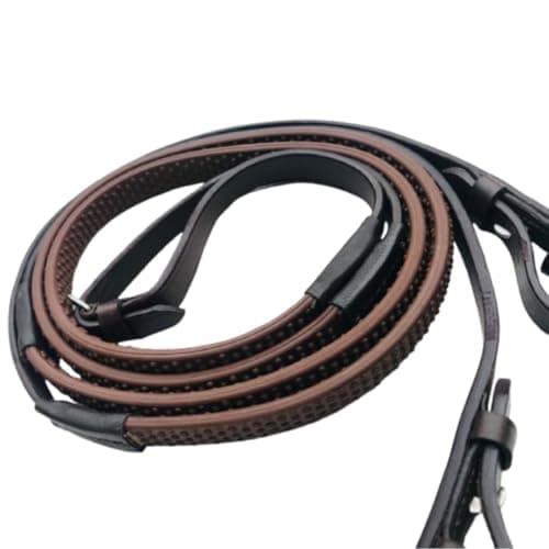 Image of Benz Equestrian BioGrip Solid Rubber Reins Flexible Soft Narrow Pebble Black Brown Leather Cob Full Horse (Brown, cob 54'')