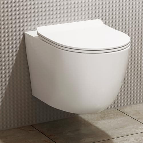 Image of Wall Hung Rimless Toilet Short Projection 360mm Gloss White Round Pan Modern Bathroom Style & Slim Soft Close Seat – Compact Fit (Elva).