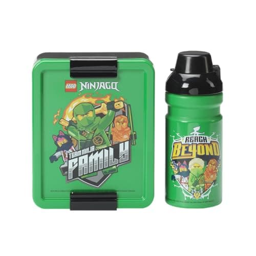 Image of Room Copenhagen Lego Lunch Set - NINJAGO Design, Fun & Functional 390ml Bottle & Lunch Box for Kids & Adults, Dishwasher Safe, for Meals on The Go, Green & Black
