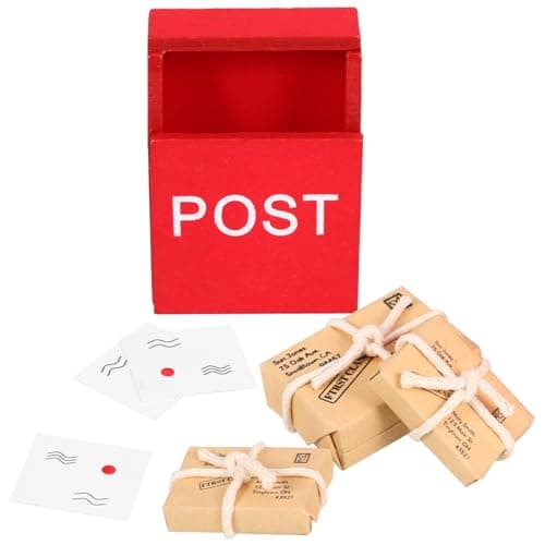 Image of VICASKY Dollhouse Miniature Mailbox Set with Letters, Parcels & Mail Sack - 1:12 Scale Wooden POST Mailbox Decor for Dollhouse, Fairy Garden, Tiny House & Room Display Models