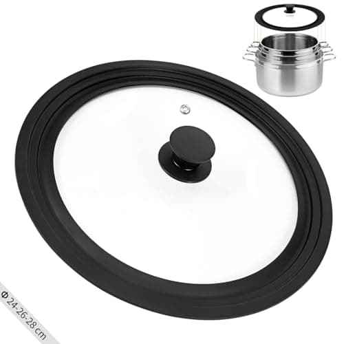 Image of Zocipro Universal Lid for Pots, Pans and Skillets, Silicone Lid for Frying Pans Fits 24/26/28cm Diameter Cookware, Tempered Glass with Heat Resistant Silicone Rim (Black)