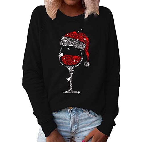 Image of Rvidbe Ugly Christmas Sweater for Women 2023 Red Wine Glass Printed Casual Crewneck Long Sleeve Pullover Sweatshirts Tops, #1-black, XXXXL