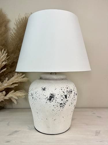 Image of DOWNTON INTERIORS White Stone Effect Distressed Ceramic Table Lamp (G2124) (White Plain Shade