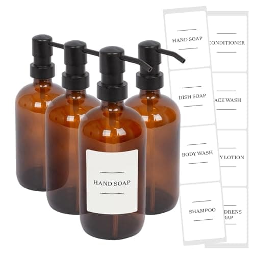Image of Harbour Housewares Glass Soap Dispensers with Labels Pack of 4-500ml Amber Refillable Bottles with Black Pumps and White Labels - Bathroom and Kitchen Accessories for Hand Wash, Lotion or Sanitiser