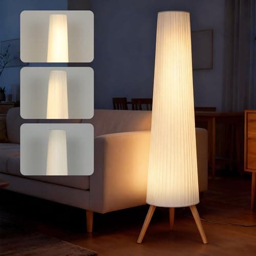Image of HOMCOM Dimmable Tripod Floor Lamp with Foot Switch, Nordic Standing Lamp with Fabric Shade for Living Room, Bedroom, Office, 153cm, White and Natural