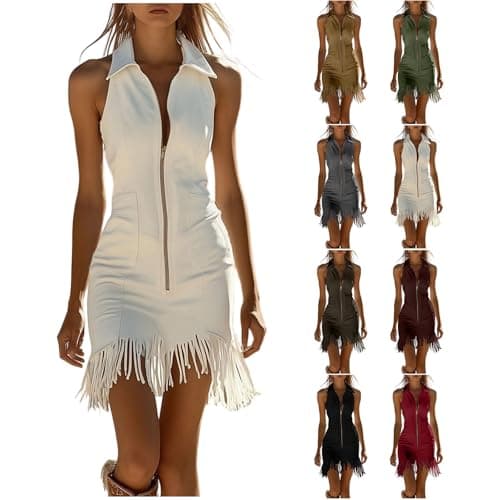 Image of Zeiayuas Women Faux Suede Fringed Hem V Neck Sleeveless Tassel Mini Dress Zip Up Lapel Elegant Party Wear Cowgirl Western Dresses White