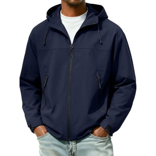 Image of Uwdiohq Men'S Lightweight Waterproof Jacket Hooded Windbreaker Packable Raincoat Breathable Softshell Rain Jackets Athletic Uv Long Sleeve Zip Up Coat With Pockets For Travelling Camping Running Dark