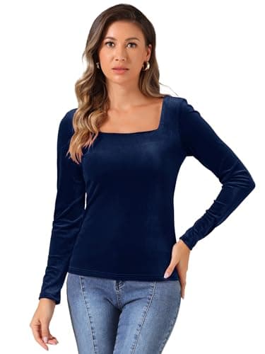Image of Allegra K Velvet Top for Women Square Neck Long Sleeves Solid Casual T-Shirt Saree Blouse Dark Blue L