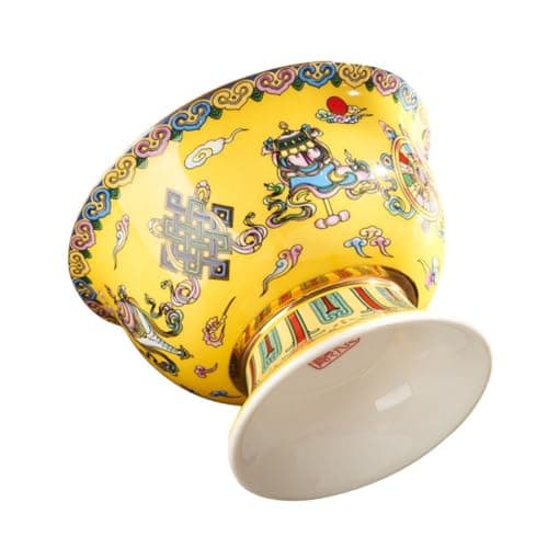 Image of Balacoo Ceramic Buddhist Enamel Painted Offering Bowl Unique Patterns, Compact and Decorative Yellow Worship Bowl for Shelves and Housewarming