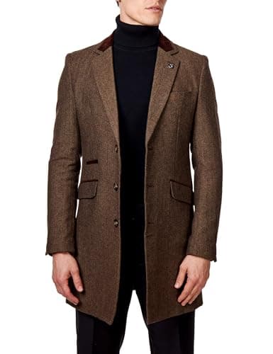 Image of Xposed Menâ€™s Herringbone Long Overcoat Classic Wool Blend Tailored Fit 3/4 Mid Length Coat Jacket [COAT-COSMO-BROWN-52UK]