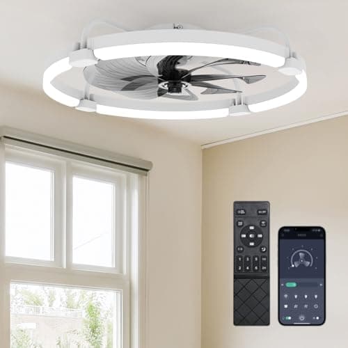 Image of Ensenior Ceiling Fans with Lights and Remote, 60cm Flush Mount, 6 Speed & 3000K-6500K Stepless Dimmable Quiet Modern LED Fan Lights Ceiling for Bedroom Living Room Dining Room - White