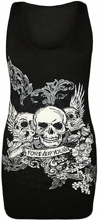 Image of Womens Summer Sleeveless 3 Skull Printed Crew Neck T-Shirt Vest Top Ladies Halloween Young Top Black