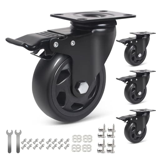 Image of RRIUTO 100MM Heavy Duty Caster Wheels, Furniture Caster Bearing 600KG Swivel Castors Wheels for Furniture Rubber Swivel Trolley Castor with Brake (include 16pcs screws)