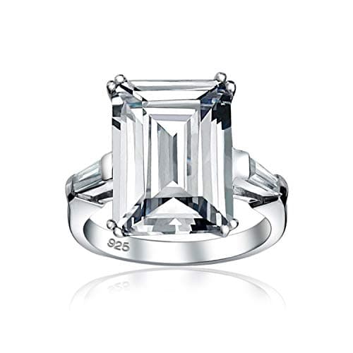 Image of Art Deco Style Bridal Wedding Big AAA CZ Solitaire Emerald Cut Statement Engagement Ring For Women .925 Sterling Silver Cubic Zirconia Baguette Side Stones