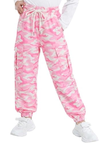 Image of JiAmy Girls Cargo Trousers Drawstring Elastic Waist Casual Baggy with Multi Pockets Dance Y2k Pants for 13-14 Years, Pink Camouflage