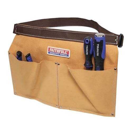 Image of Faithfull Suede Leather Double Pocket Nail Pouch – Tool Belt with Hammer Loop & Adjustable Webbing Belt for Carpenters, Roofers & Joiners – Tan