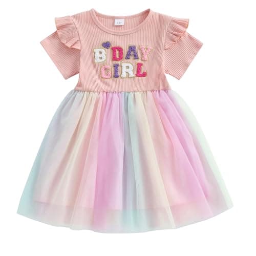 Image of MAHUAOYIXI Baby Girl Birthday Outfits Crew Neck Short Sleeve Letter Embroidery A-line Tulle Dress Toddler Girls Clothes Girls Birthday Gift (Pink, 3-4 Years)