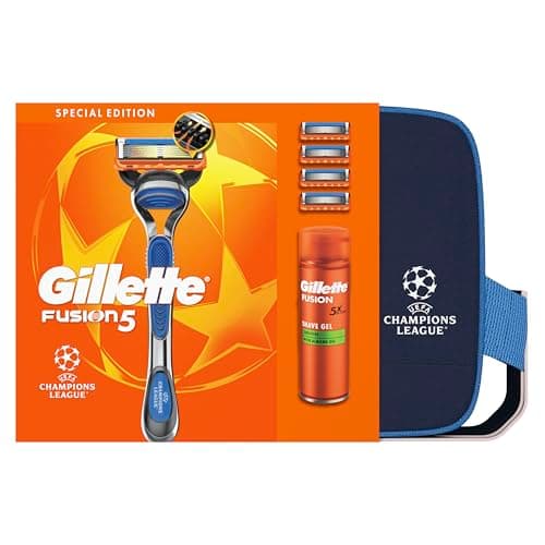 Image of Gillette Fusion5 Men’s Grooming Gift Set, UCL Edition Washbag, Razor Handle, 3 Blade Refills, Sensitive Shave Gel 200ml, 5 Blade System, Smooth Comfortable Shave
