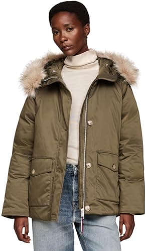 Image of Tommy Hilfiger Women’s Padded Parka with Fur and Button Placket, Multicolor (Army Green), L