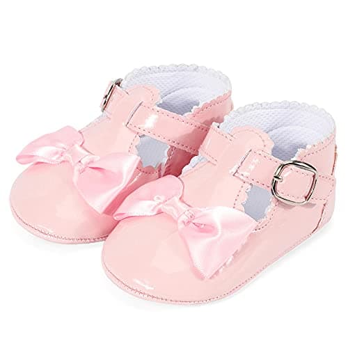 Image of LACOFIA Baby Girls First Walking Shoes Infant T-Bar Anti-Slip Bowknot Party Shoes Prewalkers Pink 12-18 Months
