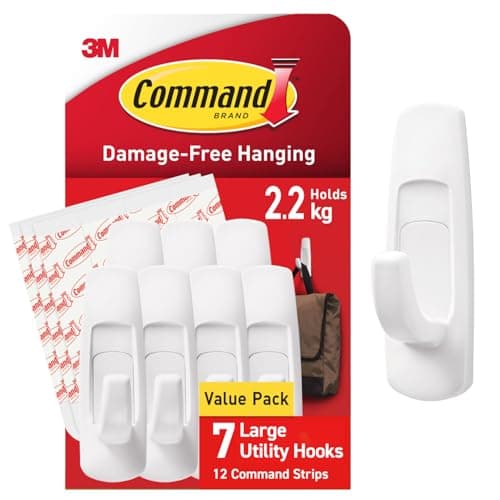 Image of Command Large Utility Hook, Pack of 7 Hooks and 12 Adhesive Strips, White - Damage Free Hanging - Holds up to 2.2kg