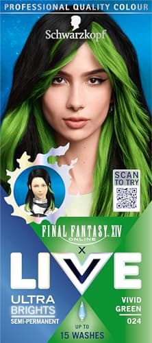 Image of Schwarzkopf LIVE Ultra Brights or Pastels Vivid Green 024 Shade, Semi-Permanent Green Hair Dye, FINAL FANTASY™ XIV Online x Live, Vibrant Hair Dye Kit Lasts Up to 15 Washes