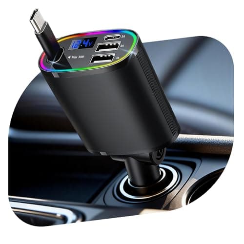 Image of Retractable Car Charger, 78W Fast 4 in 1 Car Charger Adapter, Cigarette Lighter USB Charge with RGB Light, Car Phone Charger with Type-C Cable/USB-C/USB-A, Accessories for iOS, Android, Black