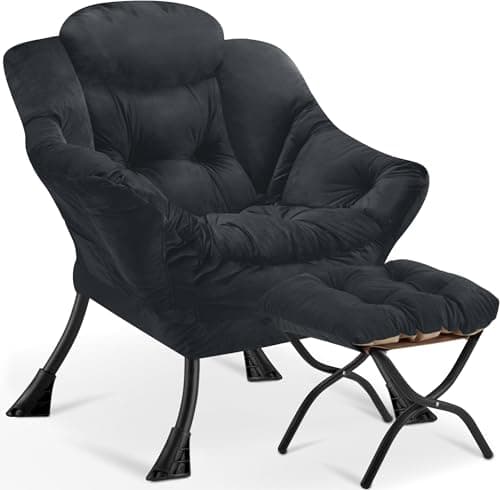 Image of Armchair Living Room Comfy Armchair Reading Chair with Footstool Lazy Accent Chairs Bedroom Cuddle Chairs, for Living Room Bedroom Study Room Office, Black