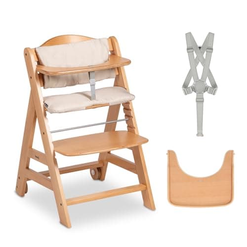 Image of hauck Beta+, Natural - Wooden High Chair Set from 6 Months to 90 kg - with Wheels, Seat Cushion, Wooden Tray & Bumper Bar, 5 Point Harness & Crotch Strap - Made from FSC Certified Beechwood