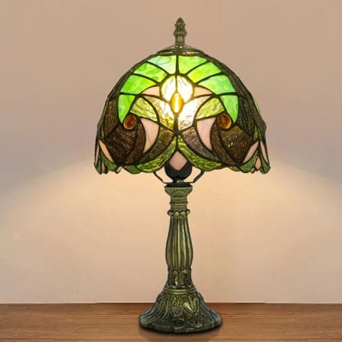 Image of JHuiLap Small Tiffany Lamp 8 Inch Butterfly Stained Glass Table Lamp with 3 Color Temperatures, Handmade Antique Reading Light for Bedroom, Living Room, Includes E27 LED Bulb (Peacock)