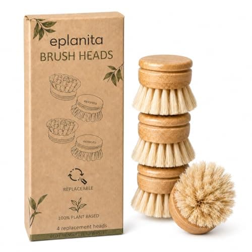 Image of eplanita Replacement Brush Heads for Bamboo Dish Brush (Pack of 4), Sisal Bristle Refills, Agave Cactus Fibres, Kitchen Eco Scrubber, Plastic Free Washing Up, Zero Waste Cleaning