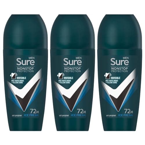 Image of Sure Antiperspirant 72H Nonstop Sweat and Odour Protection Alcohol-Free Roll On with Citrusy, Spicy and Woody Scent Multi Fragrance Deodorant for Men, 50ml Pack of 3 (Ice Fresh)