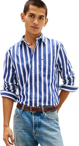 Image of Tommy Hilfiger Men Flex POPLIN Bold Stripe Shirt MW0MW41715 L/S Shirt, Blue, S