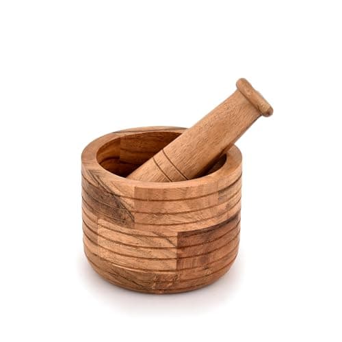 Image of Indus Lifespace Mortar & Pestles Acacia Wood | Grinder for Herbs, Spices and Kitchen Usage, Kitchen Essentials Usage Mortar Size (Inches): 5" x 5" x 4" & Pestel Size (Inches): 6.5"