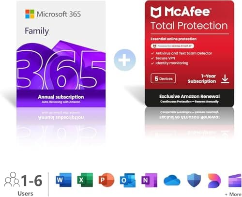 Image of Microsoft 365 Family | 6 People | Up to 6TB Cloud Storage | AI Office Apps | Renews for £104.99 + McAfee Total Protection | 5 Devices | Renews for £95.99 | Annual auto-renewing Amazon subscription