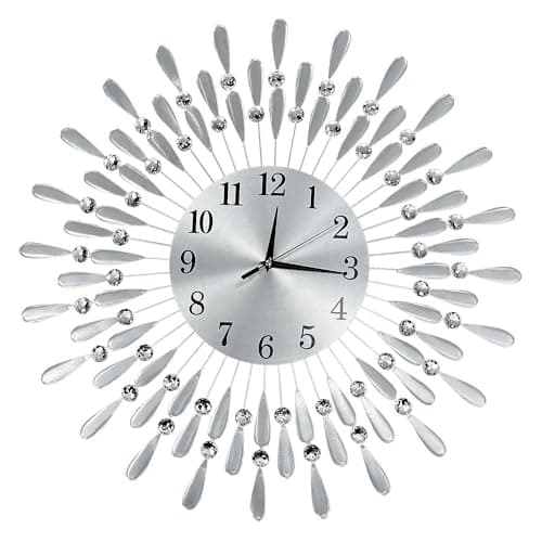 Image of Crystals 60cm Large Metal Wall Clock – Luxury Sunburst Design, Handcrafted Diamante Beaded Clock for Living Room, Modern Decorative Wall Clock for Home & Office (Silver)