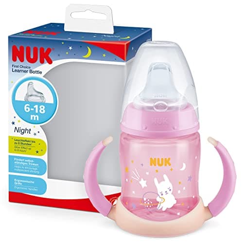 Image of NUK First Choice Sippy Cup Night | 6-18 Months | 150 ml | Glow in The Dark | Handles & Orthodontic Silicone Spout | Leak-Proof | Anti-Colic | BPA-Free | Pink