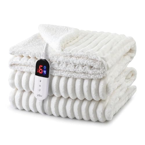 Image of YDW Electric Heated Throw Blanket - 130x180cm Stripe Flannel Electric Overblanket for Sofa Bed Office Use, 6 Heat Levels&10 Time Settings, Machine Washable, White, Single